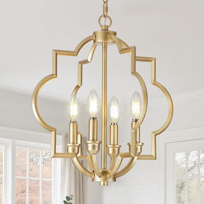 4-Light Small Gold Chandelier, 15.6 inch Farmhouse Light Fixtures for Dining Room, Champagne Gold Pendant Light for Entryway Foyer Kitchen Island