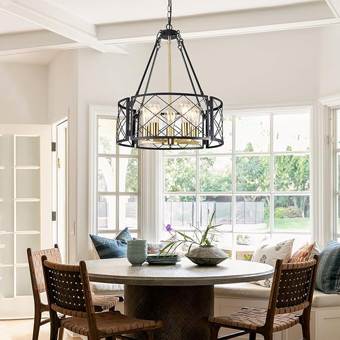 21'' Farmhouse Chandelier, 5-Light Black and Gold Dining Room Light Fixture Over Table, Rustic Industrial Drum Hanging Pendant Lights Fixture for Kitchen Island Living Room Bedroom Hallway Entryway