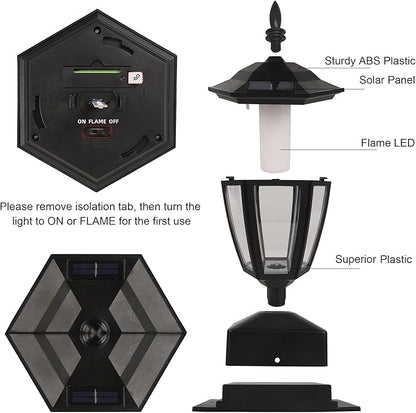 Dynaming Solar Flame Post Lights Outdoor, Solar Powered Lamps Fence Post Cap Lights, Flickering Flame LED Lantern Decorative Waterproof for Garden Deck Patio, Fit 4x4, 5x5 or 6x6 Wooden Posts, 4 Pack