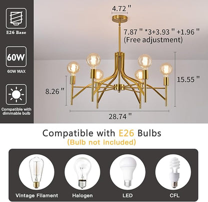 ASGYISA Modern Brass Gold Chandelier Light Fixture 6 Light Vintage Dining Room Light Fixture for Farmhouse Bedroom, Kitchen Foyer Entryway and Living Room