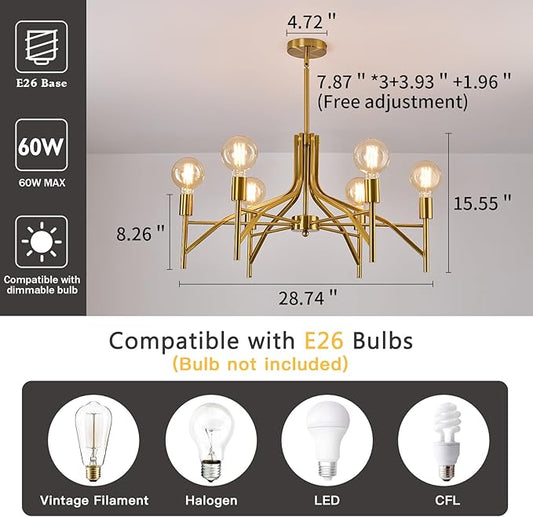 ASGYISA Modern Brass Gold Chandelier Light Fixture 6 Light Vintage Dining Room Light Fixture for Farmhouse Bedroom, Kitchen Foyer Entryway and Living Room