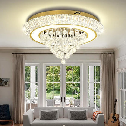 Modern LED Crystal Chandelier, Large Round Raindrop Chandelier for Living Dining Room 32in Gold Flush Mount Ceiling Light Kitchen Island Bar
