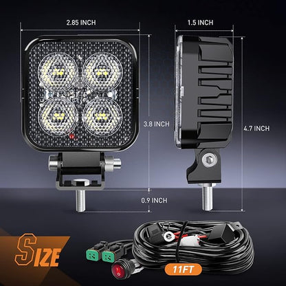 Nilight 2 PCS 3 Inch LED Pods Square 1500LM Built-in EMC Work Lights 90° Flood Beam Angle Offroad Side Light w/ 16AWG DT Wiring Kit for Tractor Truck Boat ATV UTV