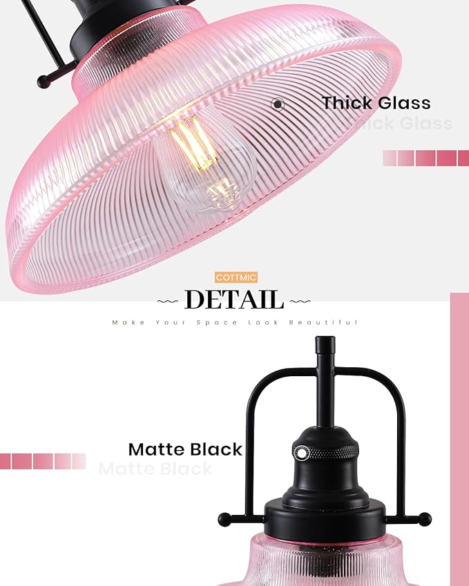 Pink Glass Pendant Lights Kitchen Island 1 Pack, 12-inch Ribbed Glass Kitchen Pendant Lights, Farmhouse Pendant Lighting Over Island, Sink, Bar, Vintage Pendant Light for Dining Room