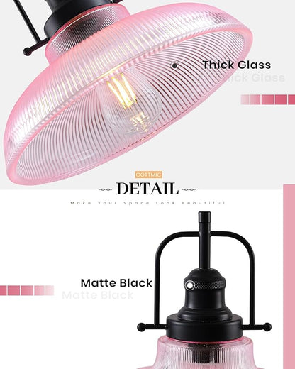 Pink Glass Pendant Lights Kitchen Island 1 Pack, 12-inch Ribbed Glass Kitchen Pendant Lights, Farmhouse Pendant Lighting Over Island, Sink, Bar, Vintage Pendant Light for Dining Room