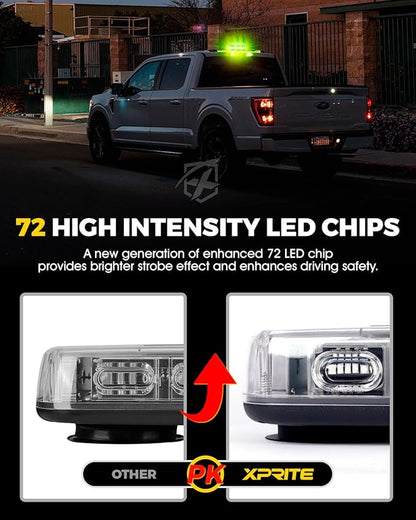 Xprite Upgraded 12" 72LED Rooftop Mini Strobe Lights, Emergency Safety Flashing Beacon Light Bar with Magnetic Base for 12V-24V Construction Vehicles, Trucks, Snow Plow, Postal Car (Amber/Green)