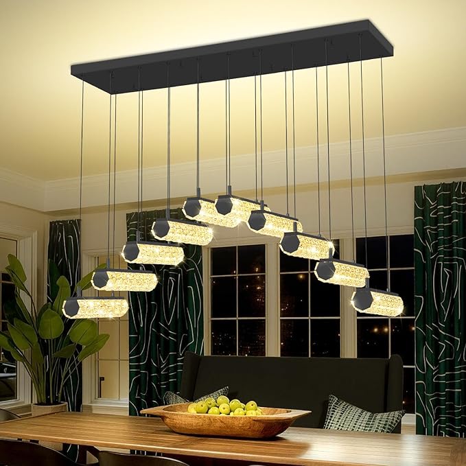 Crystal Ring Chandelier for Dining Room,Black 10 Lights Rectangular Crystal Pendant Lights Over Table Modern Linear Crystal Chandelier Dimmable with Remote Control