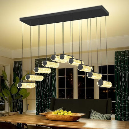 Crystal Ring Chandelier for Dining Room,Black 10 Lights Rectangular Crystal Pendant Lights Over Table Modern Linear Crystal Chandelier Dimmable with Remote Control
