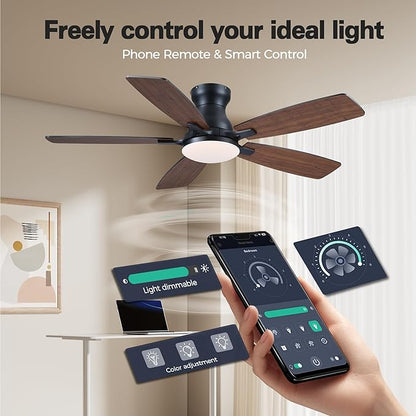 JSAITEE Ceiling Fan with Lights and Remote Control - 46In Flush Mount Ceiling Fan with 3CCT Dimmable, 6 Wind Speeds and Timing, Low Profile Fan for Modern Bedroom, Kitchen, Living Room