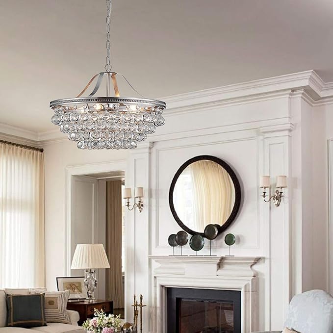 Saint Mossi Silver Crystal Chandelier for Dining Room, Modern K9 Crystal Raindrop Chandelier Lighting Fixture, Chrome Pendant Lamp for Bedroom Livingroom, 5 E12 Bulbs Required, H16 X D20