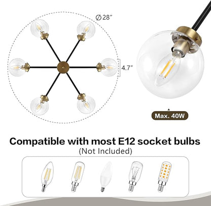 WINGBO 6-Light Sputnik Chandelier, Modern Pendant Light Fixture with 4.7" Clear Glass Globe Shade for Flat and Slop Ceiling, Height Adjustable for Kitchen Living Room Dining Room Bedroom, Black