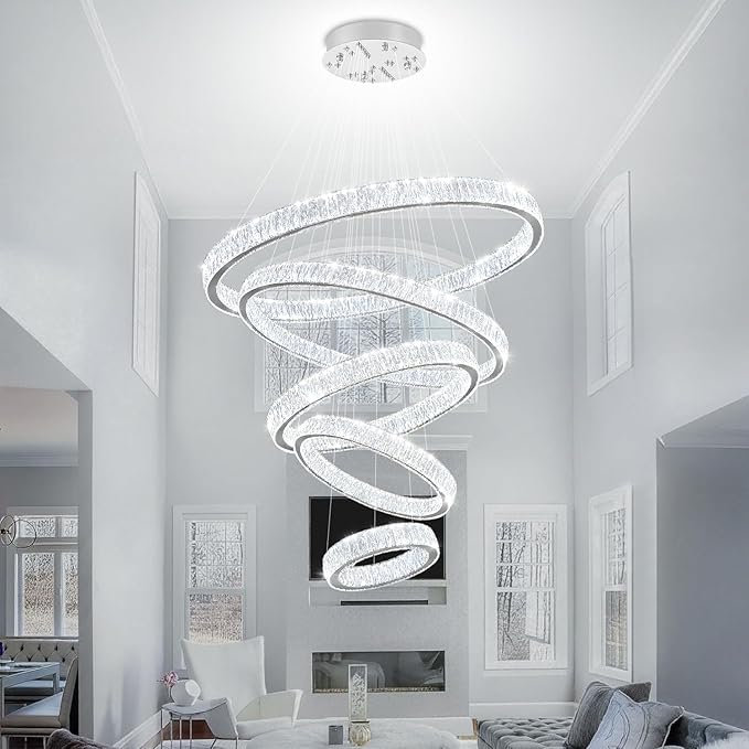 Extra Large 5 Ring Crystal Chandelier High Ceiling Chandeliers for Foyer,Modern Luxury Crystal Ring Chandelier Dimmable Led Ceiling Lighting for Staircase Villa D8''+15.7"+23.6"+31.5"+39.4"