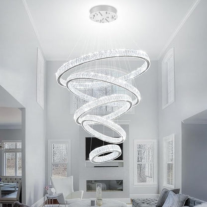 Extra Large 5 Ring Crystal Chandelier High Ceiling Chandeliers for Foyer,Modern Luxury Crystal Ring Chandelier Dimmable Led Ceiling Lighting for Staircase Villa D8''+15.7"+23.6"+31.5"+39.4"