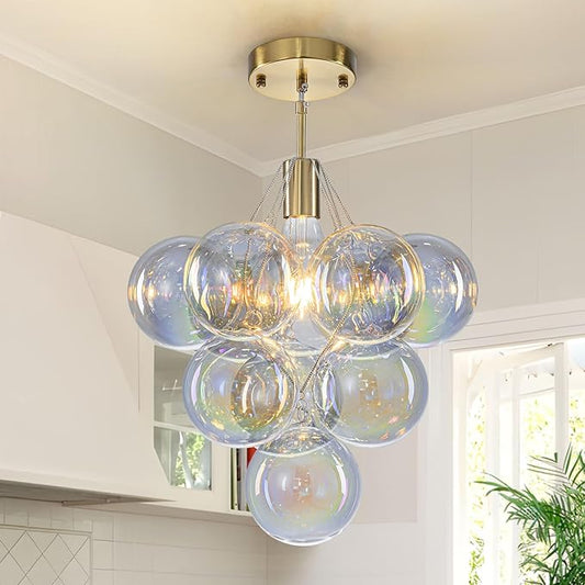 GoYeel Dining Room Light Fixtures Gold 14.17", Colorful Bubble Chandelier Modern Glass Ceiling Light for Hallway Entryway Foyer Bedroom Kitchen, with 10 Chromatic Globes, Include E26 Bulb