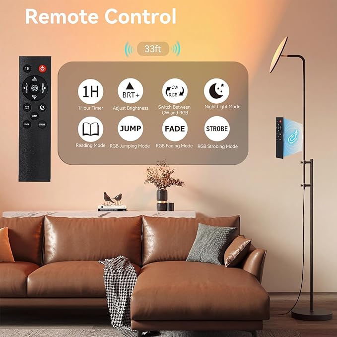 SUNMORY RGB Floor Lamps for Living Room, 32W/3000LM Bright LED Standing Lamp with Remote Control, Adjustable Tall Lamp with Stepless Dimmable, Modern Torchiere Corner Lamp for Gaming Room, Bedroom