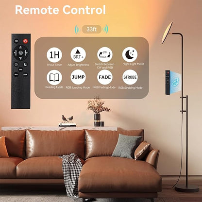 SUNMORY RGB Floor Lamps for Living Room, 32W/3000LM Bright LED Standing Lamp with Remote Control, Adjustable Tall Lamp with Stepless Dimmable, Modern Torchiere Corner Lamp for Gaming Room, Bedroom