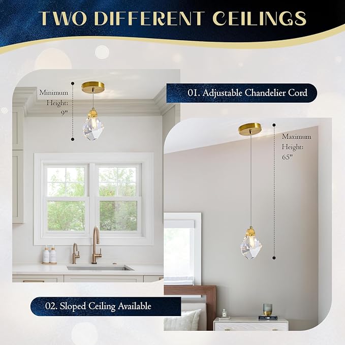 Diamond Crystal Pendant Light 3 Pack, Mini 5.5" 1-Light Hanging Ceiling Light in Gold Brushed Brass Finish with Prism Crystals and Color Changing LED for Kitchen Island, Dining Room, Bedroom, Hallway