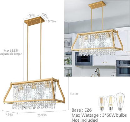 LMQNINE Chandeliers for Dining Room, 3-Light Trapezoidal Industrial Dining Room Light Fixture Farmhouse Chandelier Crystal Pendant Lights Kitchen Island Living Room (Gold 25.98 inch)