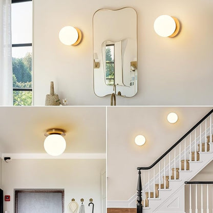 Modern Globe Brass Wall Sconce: 6" Gold Mid Century Modern Indoor Wall Mounted Lamp - Small Minimalist Frosted White Glass Bathroom Sconces - Ball Vanity Light for Bedroom Living Room Hallway Entryway