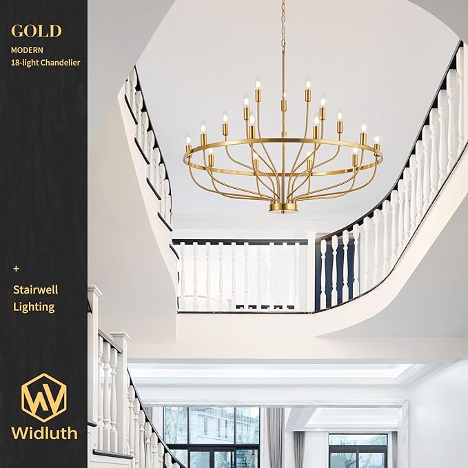 39.4" Modern Gold Chandelier Vintage 18-Lights Mid Century Modern Candle Style Chandeliers Light Fixture Large Rustic Golden Chandelier for Dining Room, Kitchen Island, Living Room, E12