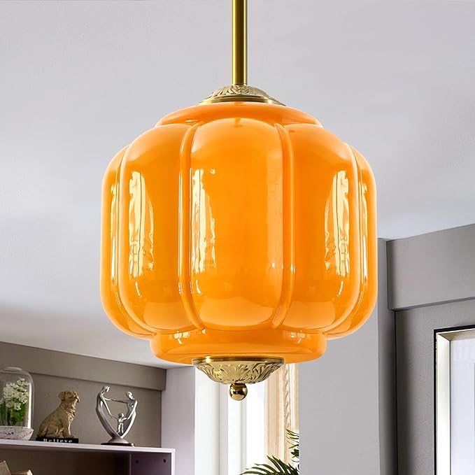 Milk Glass Pendant Light, 10 Inch Yellow Semi Flush Mount Ceiling Light, Vintage Glass Shade Chandelier With Dimmable E26 Base, Adjustable Hanging Rod, Pendant Light for Bedroom, Hallway, Dining Room