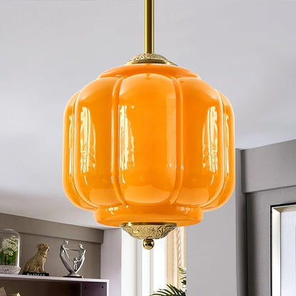 Milk Glass Pendant Light, 10 Inch Yellow Semi Flush Mount Ceiling Light, Vintage Glass Shade Chandelier With Dimmable E26 Base, Adjustable Hanging Rod, Pendant Light for Bedroom, Hallway, Dining Room