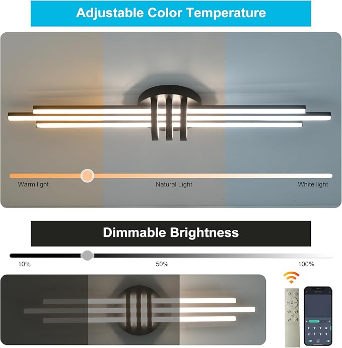 Garwarm Modern Ceiling Light Fixture,39.4 Inch Black Kitchen Lights Ceiling, Linear Dimmable LED Chandelier Remote Control for Dining Room Living Room Bedroom