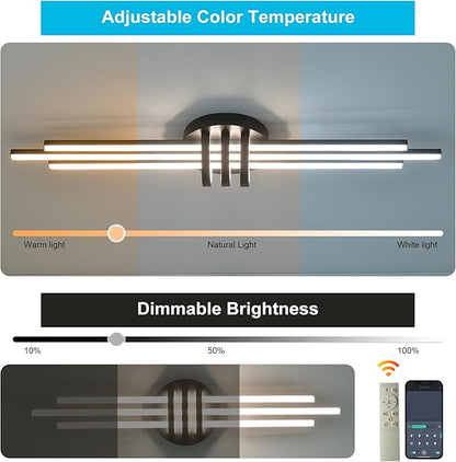 Garwarm Modern Ceiling Light Fixture,39.4 Inch Black Kitchen Lights Ceiling, Linear Dimmable LED Chandelier Remote Control for Dining Room Living Room Bedroom