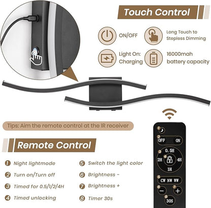 Battery Operated Wall Sconces, Rechargeable Wall Sconces, 3000K-6500K LED Wireless Wall Light, Modern Wall Lamp not Hardwired for Living Room Bedroom Hallway, 31.5in-Black