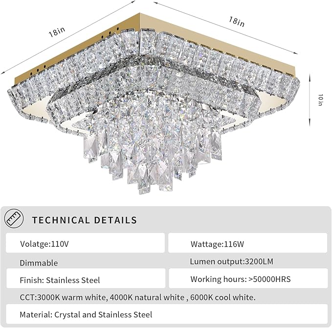 Miuyhji Elegant LED Gold Crystal Raindrop Ceiling Light,18 Inch Square Flush Mount Chandelier with Remote for Living Room Kitchen Island Bedroom Hallway Entryway Foyer (Dimmable)