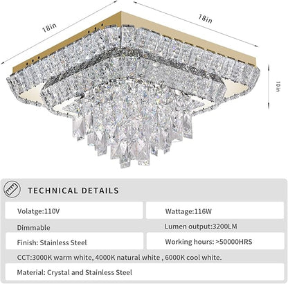 Miuyhji Elegant LED Gold Crystal Raindrop Ceiling Light,18 Inch Square Flush Mount Chandelier with Remote for Living Room Kitchen Island Bedroom Hallway Entryway Foyer (Dimmable)