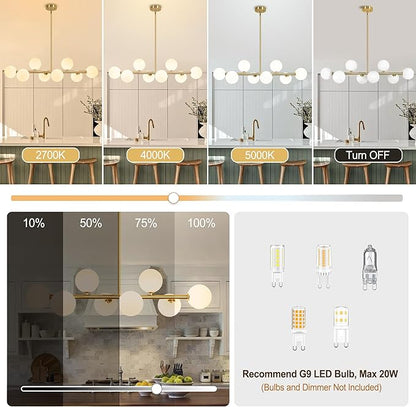 Mid Century Linear Chandeliers for Dining Room, 8-Light Modern Sputnik Chandeliers 37" Gold Chandelier Dining Room Light Fixture White Glass Globe Chandelier Island Lights, Electroplated Brass