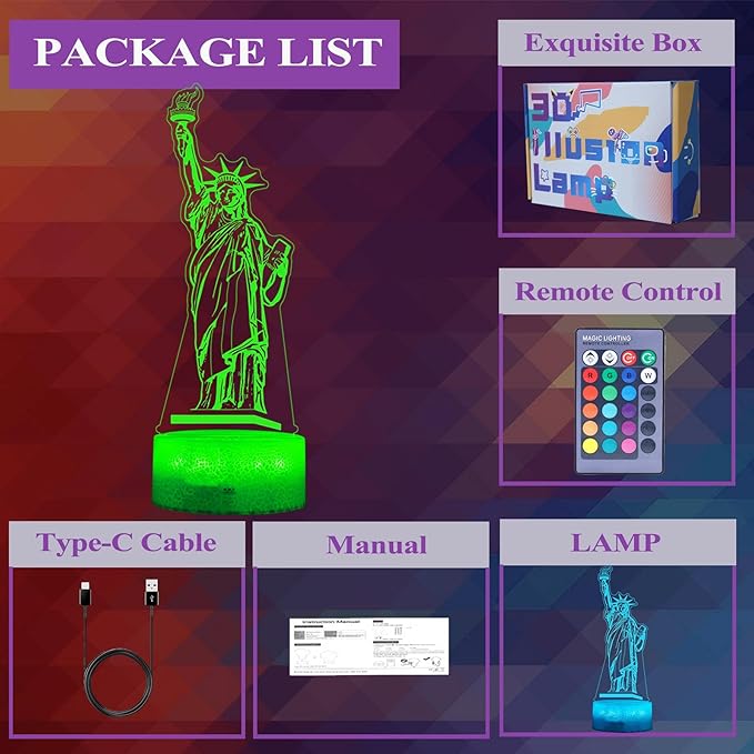 Statue of Liberty Night Light, 3D Illusion Lamp with 16 Colors Changing, Timer, 4 Flash Modes and Dimmable, Kids Boys Girls Room Decor, Holiday Xmas World Landmark Building Gifts