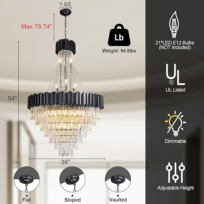 54" Black Large Chandeliers for High Ceilings, 21-Light Modern Crystal Chandelier for High Ceiling Staircase, Foyer, Entryway, Living Room, Hallway, Luxury K9 Crystal Tiered Chandelier Light Fixture