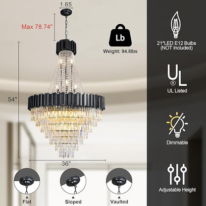 54" Black Large Chandeliers for High Ceilings, 21-Light Modern Crystal Chandelier for High Ceiling Staircase, Foyer, Entryway, Living Room, Hallway, Luxury K9 Crystal Tiered Chandelier Light Fixture
