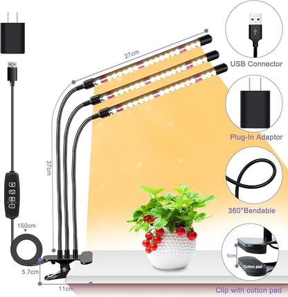 SDOVUERC 3head Plant Lights for Indoor Growing, Grow Light for Indoor Plants, Full Spectrum Growing Lamps with Clip, Auto ON & Off Timer 3/9/12H, 3 Switch Modes, 10-Level Dimmable Brightness