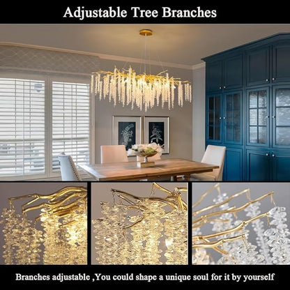 Tree Branch Chandelier L47 Luxury Rectangular Crystal Raindrop Pendant Light 13 Lights Kitchen Island Hanging Light Fixture for Living Room Dining Room Foyer Entryway Gold