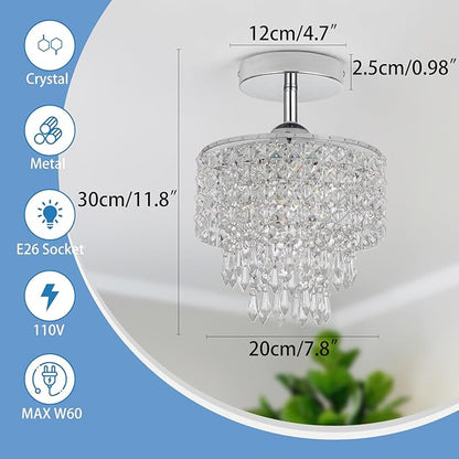 8" Mini Crystal Chandelier 3-Tier Crystal Raindrop Semi Flush Mount Ceiling Light Fixture Small Chandelier for Bedroom Kitchen Hallway Bathroom Closet (Chrome)