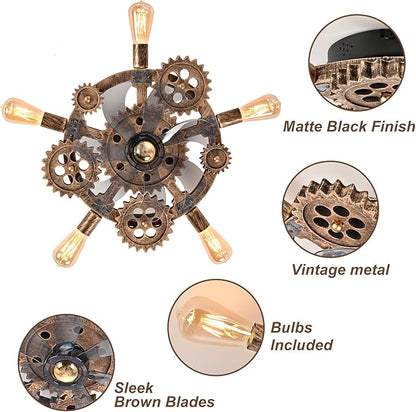 20" Retro Industrial Steampunk Ceiling Fans with Lights and Remote,Low Profile Flush Mount Bladeless Ceiling Fan with Light,Nautical Style 6 Speeds for Bedroom Kitchen Island Bar Cafe