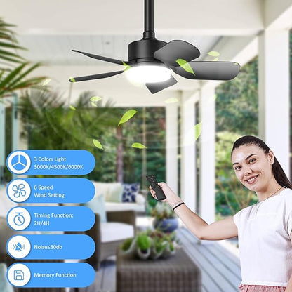Small Ceiling Fan with Light & Remote, 20" 30W 2000 Lumens 3 Colors 3000K-6500K 6-Speed Outdoor Fans for Patios,Gazebos and Canopy, Portable Plug in Ceiling Fan Light for Garages, Camping, RV, Tents.