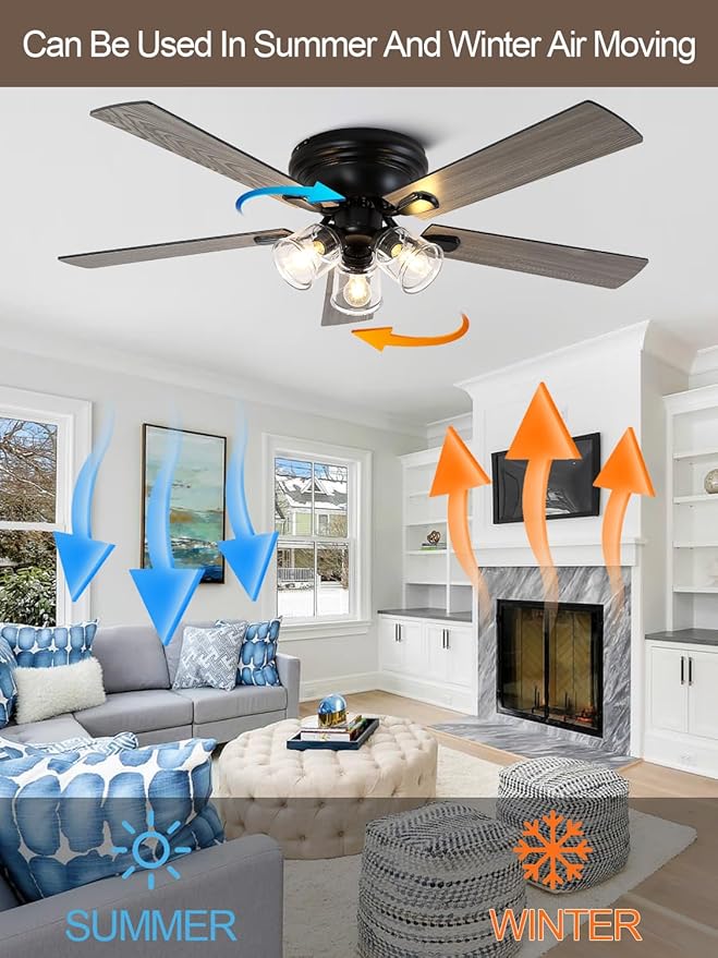 52 Inch Flush Mount Vintage Ceiling Fan with Lights and Remote, Farmhouse Rustic Ceiling Fan Antique Fandelier Chandelier for Bedroom Living Room Low Profile, 3 E26 Bulbs (Not Included)