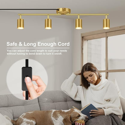 Track Lighting Plug in, LED Track Lighting Fixtures Ceiling Kit, Gold 4-Light Ceiling Light Plug-in, Wall Light with 14.8ft Power Cord, Rotatable Kitchen Spotlight for Bedroom(GU10 Socket, NO Bulb)