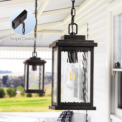 VIANIS Bronze Large Outdoor Pendant Light Fixtures with Water Glass, Anti-Rust Waterproof Hanging Light Fixture with Adjustable Wire, Easy-to-Install Outdoor Hanging Lantern for Porch, Garden, Garage