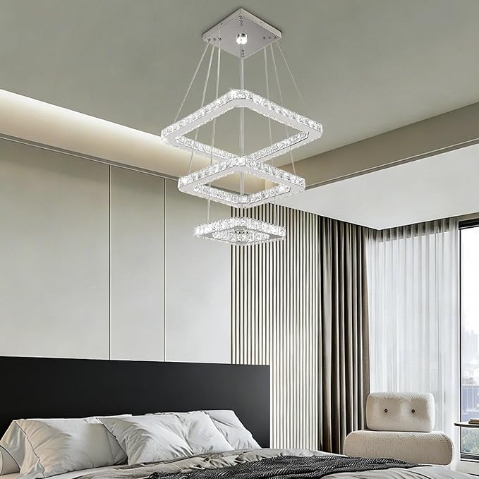 Modern Crystal Chandelier LED Ceiling Light, Square 3-Ring Height Adjustable 47W K9 Crystal Pendant for Dining Room, Living Room, Bedroom, Foyer, Cool White 6000K