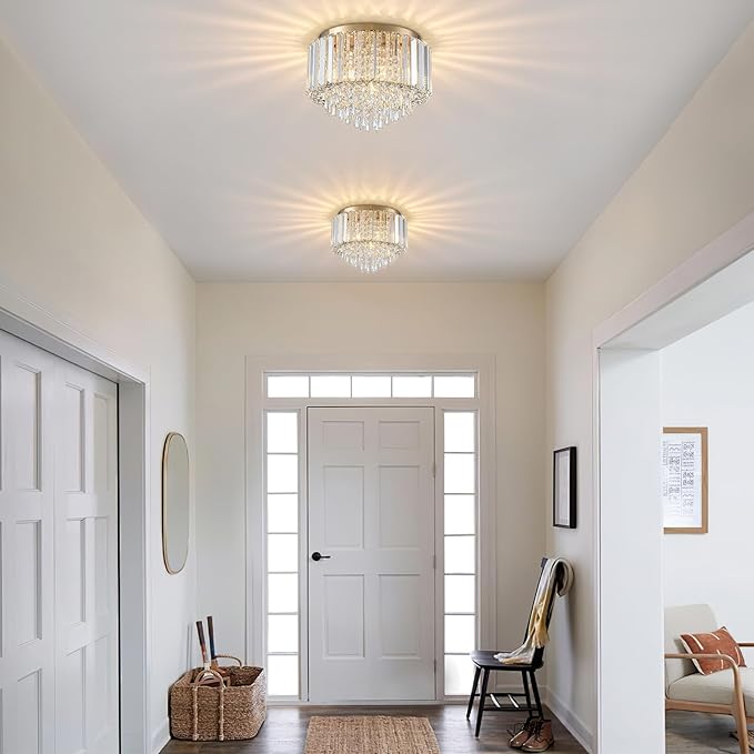 HOPGGIE 11.8 Inch Crystal Chandelier Modern Chandelier Light Mini Chandelier Semi Flush Mount Ceiling Light Fixture Small Chandelier for Bedroom Hallway Kitchen Foyer Closet (Gold)