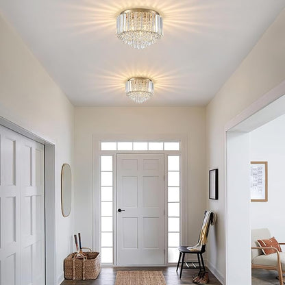 HOPGGIE 11.8 Inch Crystal Chandelier Modern Chandelier Light Mini Chandelier Semi Flush Mount Ceiling Light Fixture Small Chandelier for Bedroom Hallway Kitchen Foyer Closet (Gold)