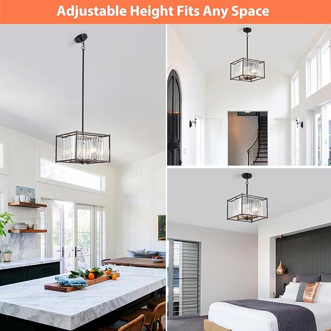 Square Black Crystal Chandeliers for Dining Room, 13" Luxury Geometric 4-Light Kitchen Farmhouse Pendant Lighting Fixture for Pool Table Entryway Foyer Hallway Office
