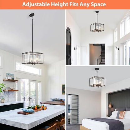 Square Black Crystal Chandeliers for Dining Room, 13" Luxury Geometric 4-Light Kitchen Farmhouse Pendant Lighting Fixture for Pool Table Entryway Foyer Hallway Office