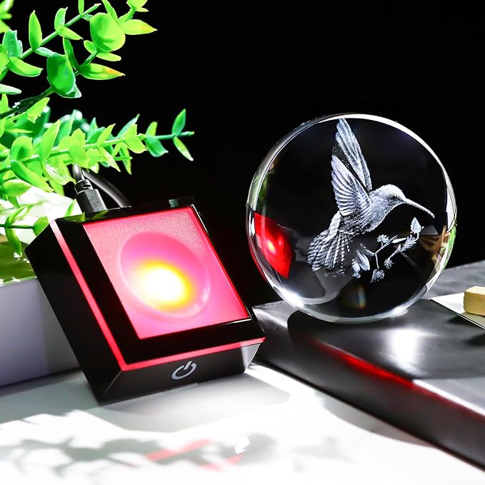 Arikyrist 3D Crystal Ball Hummingbird Figurine with LED Base, Hummingbird Gifts for Women Men on Christmas Birthday, Hummingbird Ornament Glass Decorative Ball for Home Decor (80mm)