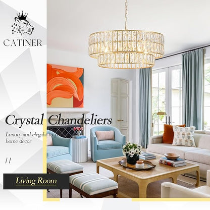 CATINER 24'' Modern Crystal Chandelier 8-Lights Luxury Gold Semi Flush Mount Ceiling Light Fixtures Round Crystal Pendant Chandelier for Living Room Dining Room Foyer Bedroom Kitchen